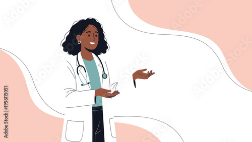 Professional African American female doctor wearing a white medical coat and stethoscope while gesturing and explaining health information.