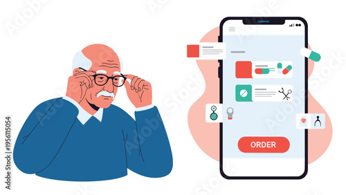 Senior man using a smartphone app to order his medications and pharmaceutical supplies online for home delivery and healthcare.
