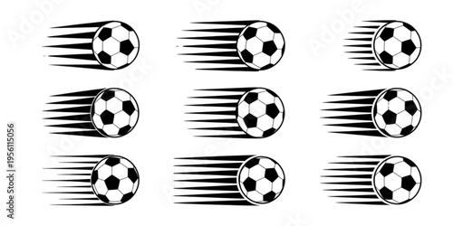 A collection of nine black and white soccer ball icons showing speed lines for fast movement effect Vector