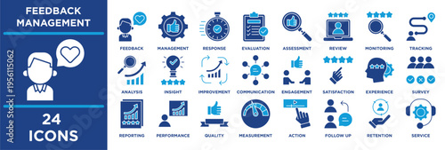 Cuadro en lienzo Feedback Management icon set illustrating insight, improvement, optimization, communication, engagement, satisfaction, experience, survey