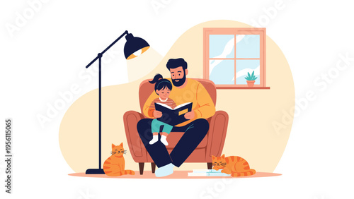 Loving father sitting in a cozy armchair while reading an illustrated book to his young daughter in their warm living room with pet cats.