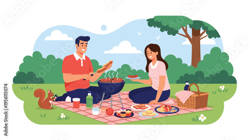 Happy couple enjoying an outdoor picnic and barbecue in a sunny park with various delicious foods while a squirrel watches nearby.