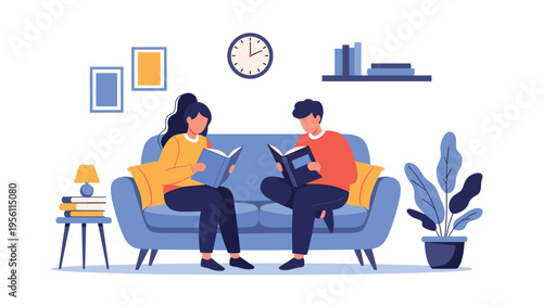 Two young people sitting comfortably on a blue sofa while focusing on reading their books in a quiet and peaceful living room.