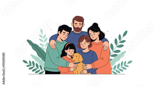 Happy multi generational family with three children and their golden retriever dog sharing a warm group hug together in a park.