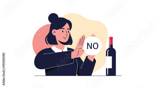 Health conscious woman firmly gesturing no to an alcoholic wine bottle to promote a sober lifestyle and better well being choices.