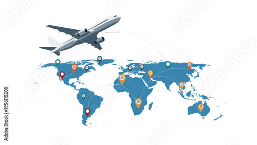 Commercial airplane flying over a blue world map with colorful location pins representing global travel and tourism.