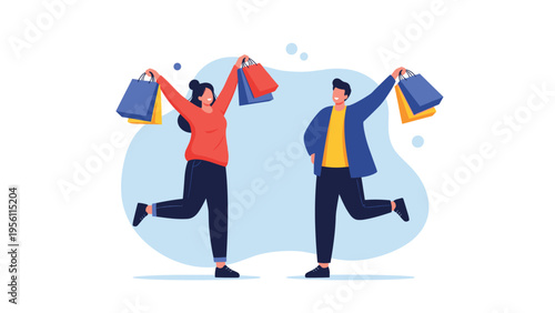 Excited man and woman jumping in the air while holding several colorful shopping bags from a successful shopping trip.