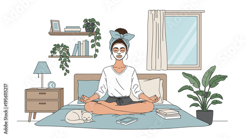 Young woman in a face mask practicing meditation on her bed in a cozy bedroom with her pet cat sleeping beside her.