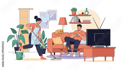 Woman cleaning the living room by mopping the floor while a man relaxes on the sofa watching television.