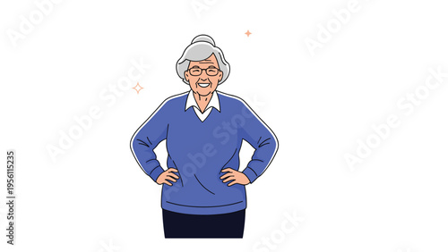 Confident and happy elderly woman with gray hair smiling while standing with her hands on her hips against white.