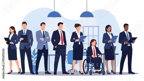 Diverse group of corporate business professionals including a man in a wheelchair standing together in a modern office.