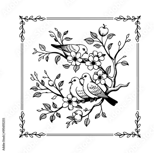 Floral vignette frame with love birds and doves, couple of pigeons in love, floral spring border, arch for wedding, invitation, marriage