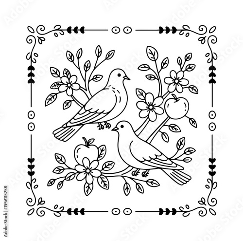 Floral vignette frame with love birds and doves, couple of pigeons in love, floral spring border, arch for wedding, invitation, marriage