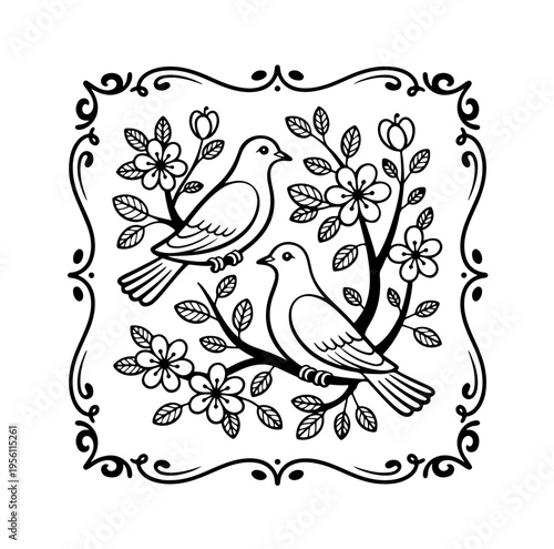 Floral vignette frame with love birds and doves, couple of pigeons in love, floral spring border, arch for wedding, invitation, marriage