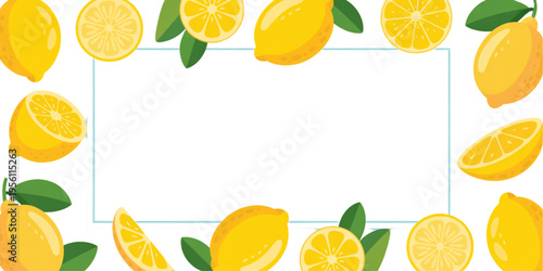 A flat vector illustration of a rectangular frame decorated with whole and sliced yellow lemons Vector