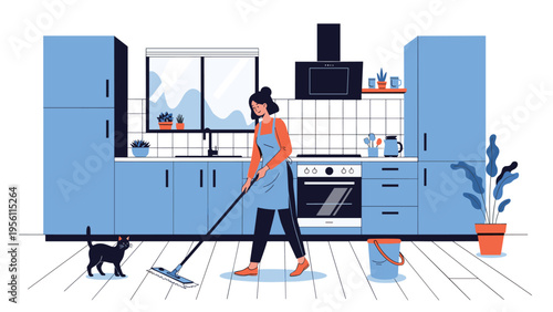 Woman cleaning her modern blue kitchen by mopping the floor with a bucket of water and a cat watching.