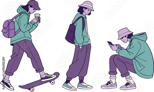 Set of 3 vector illustrations of young people in trendy streetwear, skateboarding, walking, and using smartphones