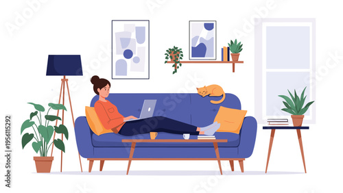 Young woman relaxing on a sofa while working on her laptop in a modern and comfortable home office setting.