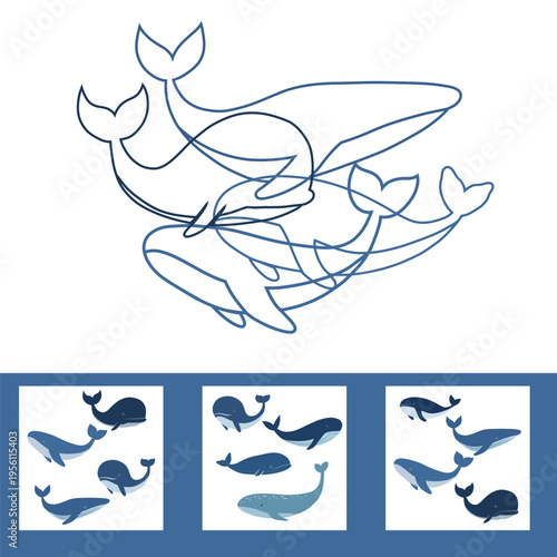 Vector educational game. Find the correct outline of the whales. Challenge task. Practical sheet for kindergarten