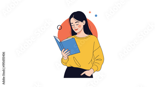 Young woman wearing a yellow sweater focused on reading a book with a peaceful expression on her face outdoors.