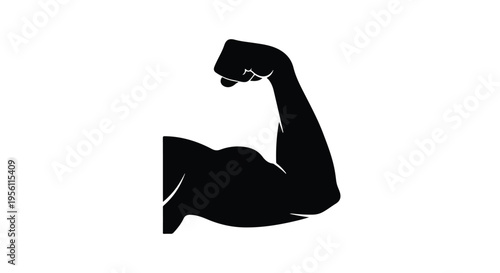 Strong muscular arm flexing bicep muscles in black silhouette isolated on white background for fitness and sports concept