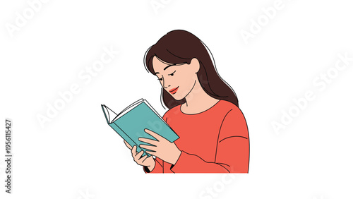 Young woman with long dark hair immersed in a captivating story while reading a blue book with a gentle smile.