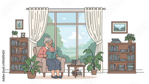 Senior woman sitting comfortably in an armchair reading a book in her cozy living room filled with plants and books.