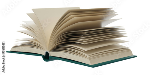 An open book with a dark green cover and many pages fanned out to show depth and paper texture Vector