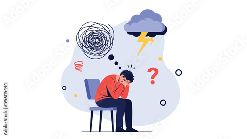 Depressed young man sitting on a chair feeling overwhelmed by negative thoughts and mental health challenges today.