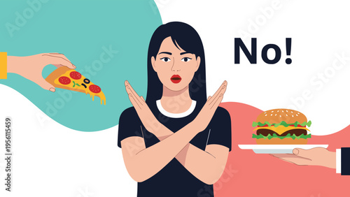 Health conscious woman refusing unhealthy junk food like pizza and burgers to maintain a balanced and clean diet.