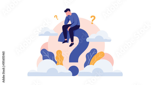 Confused man sitting on a large blue question mark symbol trying to find answers to difficult life questions now.