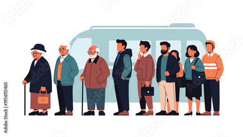 Diverse group of people of different ages standing in a long queue waiting patiently for the next public transport bus.