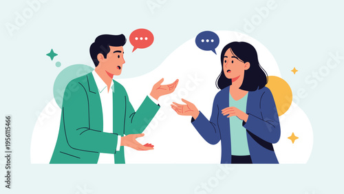 Young man and woman having a heated argument or intense discussion while gesturing with their hands in an office.