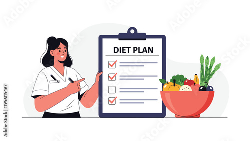 Professional nutritionist pointing at a healthy diet plan next to a bowl of fresh fruits and green vegetables.
