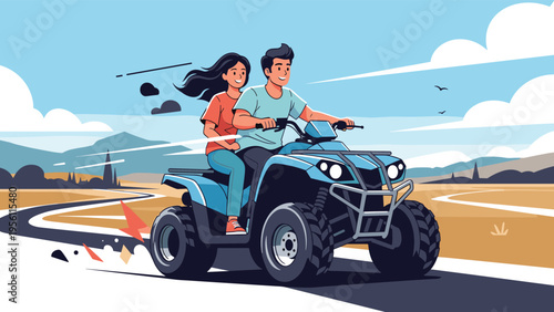 Happy couple riding a blue all-terrain vehicle through a scenic field under a bright blue sky on a sunny day.
