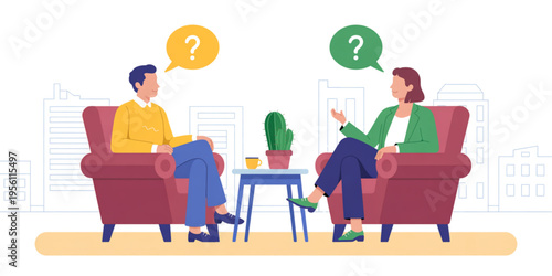 A man and a woman sitting in armchairs facing each other and having a thoughtful conversation Vector