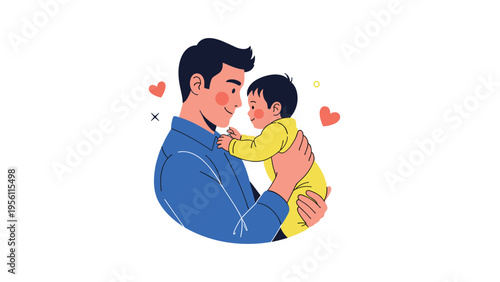 Loving father holding his cute little baby in his arms with heart symbols representing the strong bond of family.