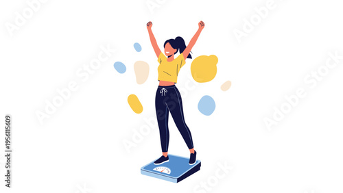 Happy young woman standing on a weighing scale and celebrating her successful weight loss and health goals.