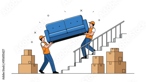 Two professional movers carrying a blue sofa up the stairs during a busy home relocation or office move day.