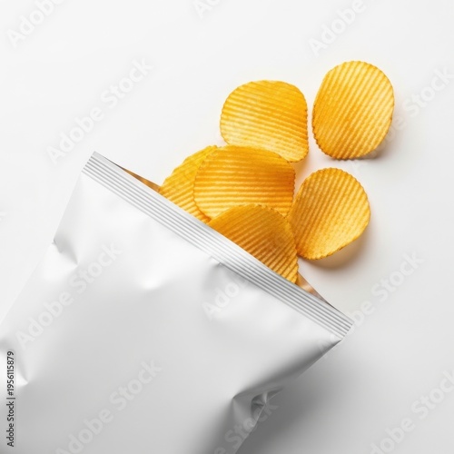 Freshly opened packet of golden potato chips with some chips spilled out