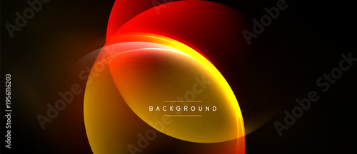 Abstract design features vibrant orange, yellow layers. Minimalist composition with text background centered. Dark backdrop enhances glowing effect.