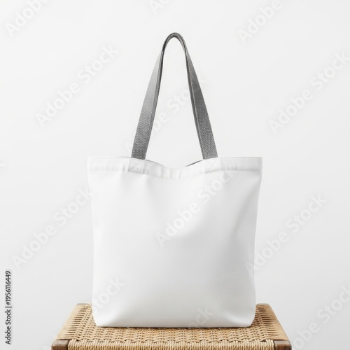 Elegant white tote bag with decorative silver handles on woven surface