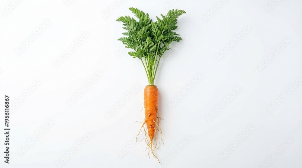 Fototapeta premium Crisp orange carrot with vibrant green leafy tops and delicate root hairs isolated on clean white background for healthy eating and natural food marketing