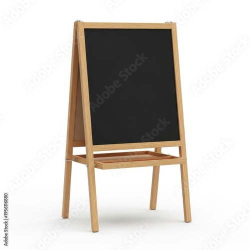 A rustic wooden easel with a black chalkboard surface for writing or drawing.