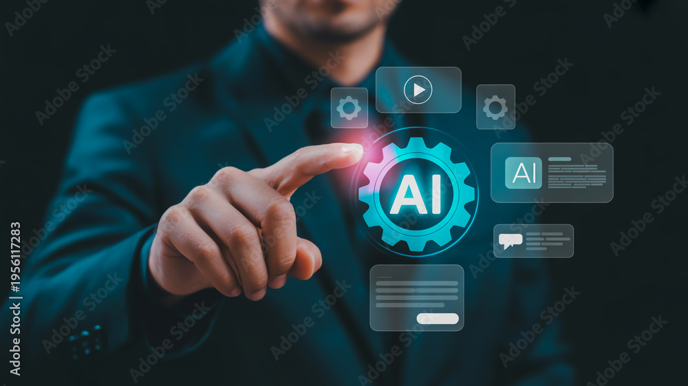 Fototapeta premium Man in suit interacting with ai interface