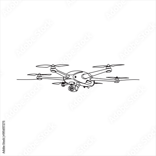 Quadcopter drone with four propellers flying in mid air