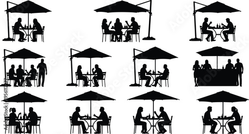 Collection of twelve black silhouettes of people sitting at café tables under umbrellas, socializing and dining outdoors for lifestyle and design projects