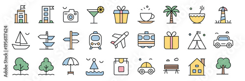Colorful travel and vacation icon set for holiday planning and outdoor activities