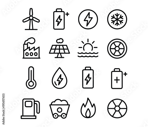 Energy icons set of renewable and traditional power sources symbols