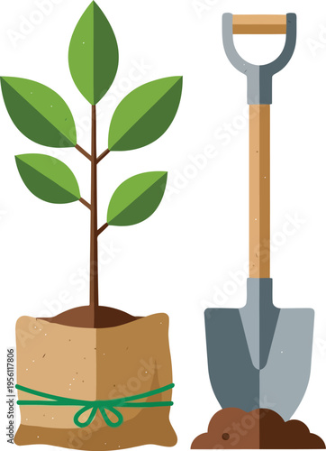 Billede på lærred Tree Sapling in Burlap Sack and Garden Shovel for Planting and Reforestation Pro
